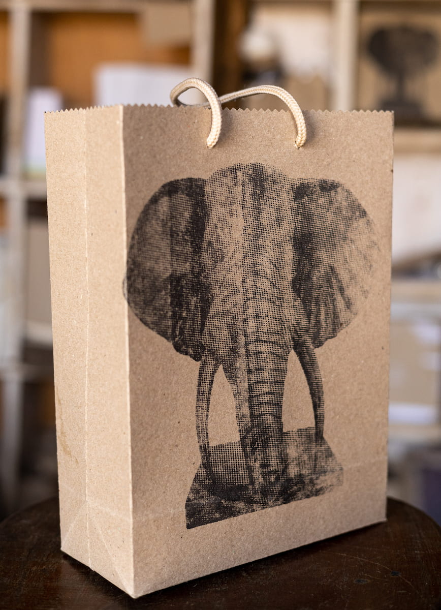 branded gift bag with elephant graphic