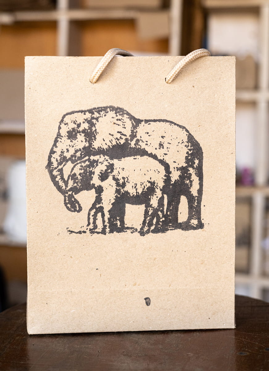 front face of branded khaki gift bag showing elephant and calf